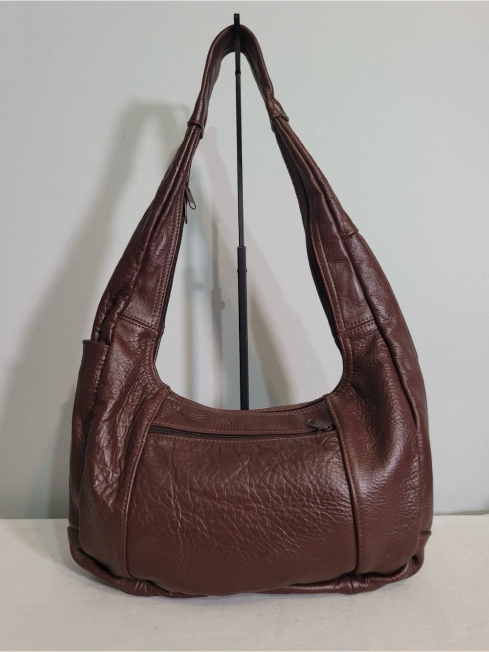 Vintage Brown Genuine Leather Hobo Bag Slouchy Shoulder Purse Multi Pocket